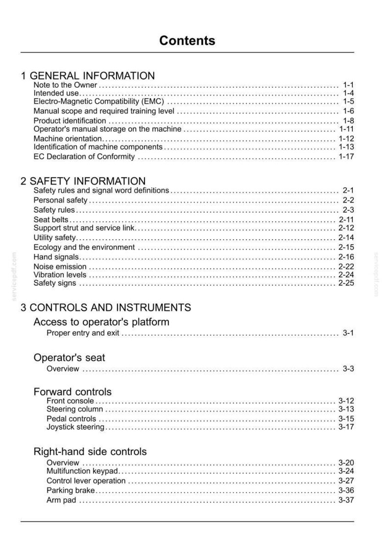 May include: A white document page with the title "Contents" at the top. The document is divided into sections, including "General Information," "Safety Information," and "Controls and Instruments." Each section lists subtopics with page numbers.