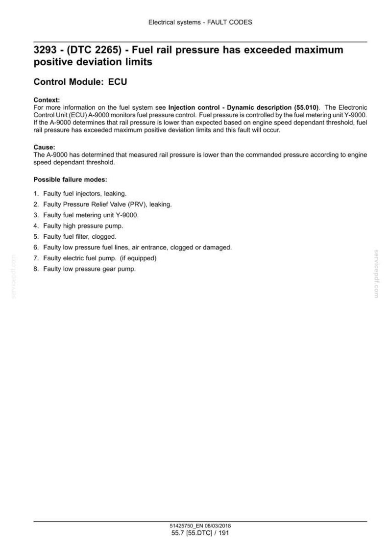 May include: A document detailing fault codes related to electrical systems. The text includes the fault code 3293, a description of the issue, and possible failure modes. The document is dated 08/03/2018.