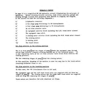 May include: A page from a technical manual detailing a hydraulic circuit. The text describes components like a hydraulic reservoir, pumps, and selector valves. The diagram illustrates the principle of operation for the HC.300 hydraulic circuit.