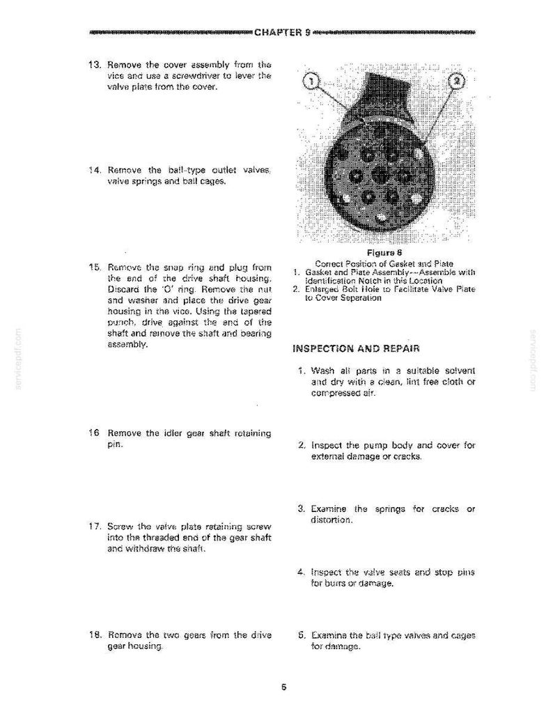 May include: A page from a manual with text and diagrams detailing the inspection and repair of mechanical components. The image includes a diagram of a gasket and plate assembly, along with numbered steps for disassembly and inspection.