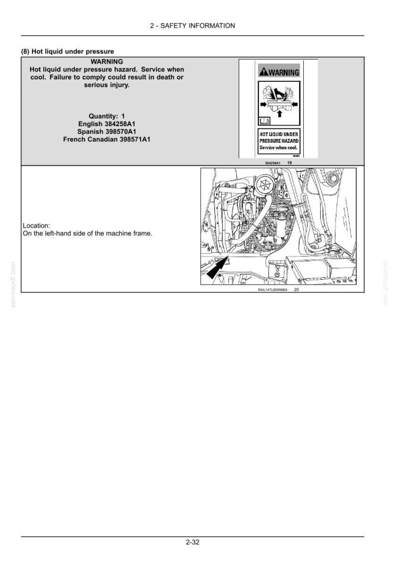 May include: A page from a manual with safety information. The text warns of hot liquid under pressure, with a diagram and the text "WARNING". The image also includes a diagram and the text "HOT LIQUID UNDER PRESSURE HAZARD".
