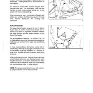 May include: Diagram from a manual showing agricultural machinery components. The image includes detailed illustrations of parts with labels and measurements in inches and millimeters. Text provides instructions for adjustments and settings.
