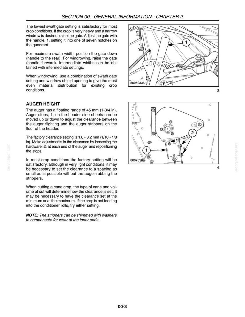 May include: Diagram from a manual showing agricultural machinery components. The image includes detailed illustrations of parts with labels and measurements in inches and millimeters. Text provides instructions for adjustments and settings.