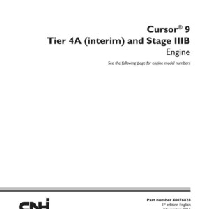 May include: A white service manual with black text. The title "SERVICE MANUAL" is at the top. Below, it reads "Cursor 9 Tier 4A (interim) and Stage IIIB Engine." The CNH Industrial logo is at the bottom.