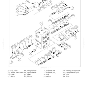 May include: Diagram of a hydraulic system's main control valve, featuring a 2-spool valve configuration. The image is a detailed technical drawing with various components labeled, including cap screws, springs, and adjusting nuts. The diagram is in black and white.
