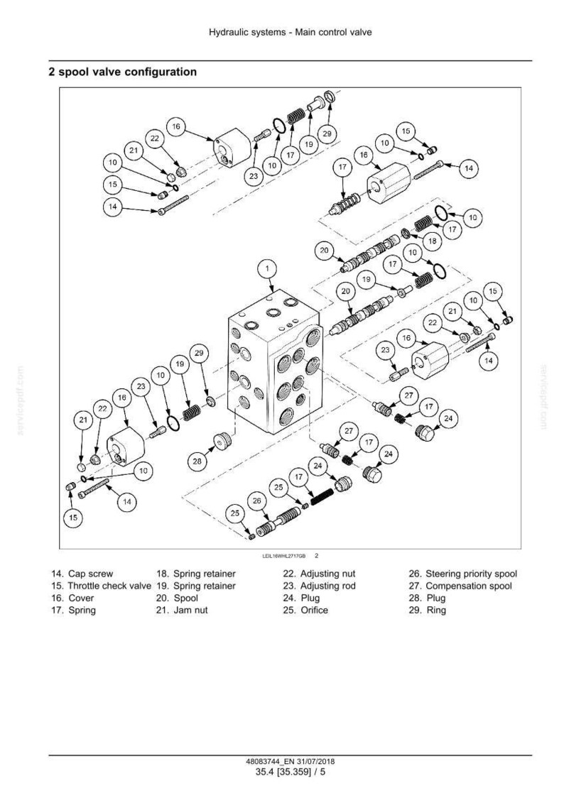 May include: Diagram of a hydraulic system's main control valve, featuring a 2-spool valve configuration. The image is a detailed technical drawing with various components labeled, including cap screws, springs, and adjusting nuts. The diagram is in black and white.
