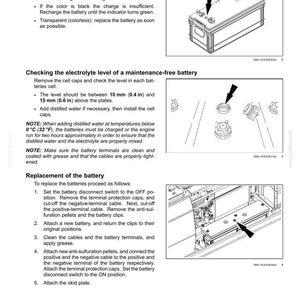May include: A page from a maintenance manual detailing battery inspection and replacement procedures. The text includes instructions on checking electrolyte levels, with measurements in inches. Diagrams illustrate the steps for battery replacement.