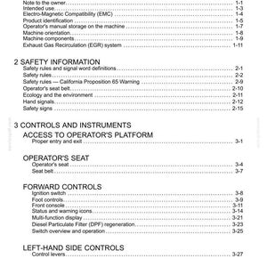May include: A white document page with the title "Contents" at the top. The document is a table of contents for a machine's manual, listing sections like "General Information", "Safety Information", and "Controls and Instruments".