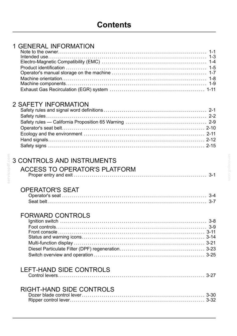 May include: A white document page with the title "Contents" at the top. The document is a table of contents for a machine's manual, listing sections like "General Information", "Safety Information", and "Controls and Instruments".