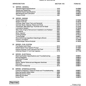 Puede incluir: Una tabla de contenidos impresa de un Manual de servicio del cargador W36. El documento enumera secciones como Motor, Sistema de combustible, El&eacute;ctrico y Sistema de direcci&oacute;n. El documento est&aacute; impreso en EE. UU. y se reimprimi&oacute; en abril de 1984.