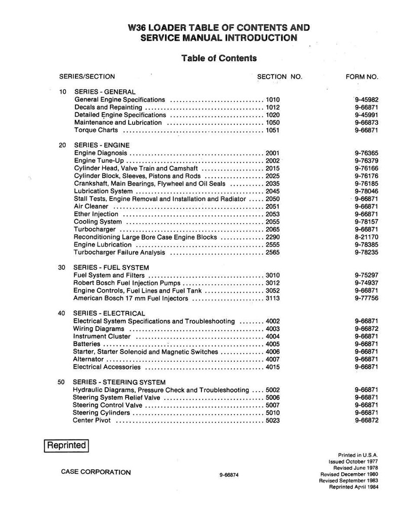 Puede incluir: Una tabla de contenidos impresa de un Manual de servicio del cargador W36. El documento enumera secciones como Motor, Sistema de combustible, El&eacute;ctrico y Sistema de direcci&oacute;n. El documento est&aacute; impreso en EE. UU. y se reimprimi&oacute; en abril de 1984.