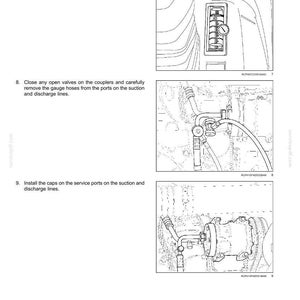 May include: Diagram of cab climate control air conditioning system. Includes illustrations of vents, valves, hoses, and service ports. Text instructions are provided for checking temperature, closing valves, and installing caps.
