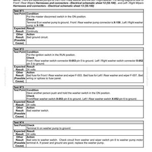 May include: A page from a service manual detailing the testing procedure for a windshield washer fluid pump. The document includes diagrams, test points, expected results, and possible causes for troubleshooting.
