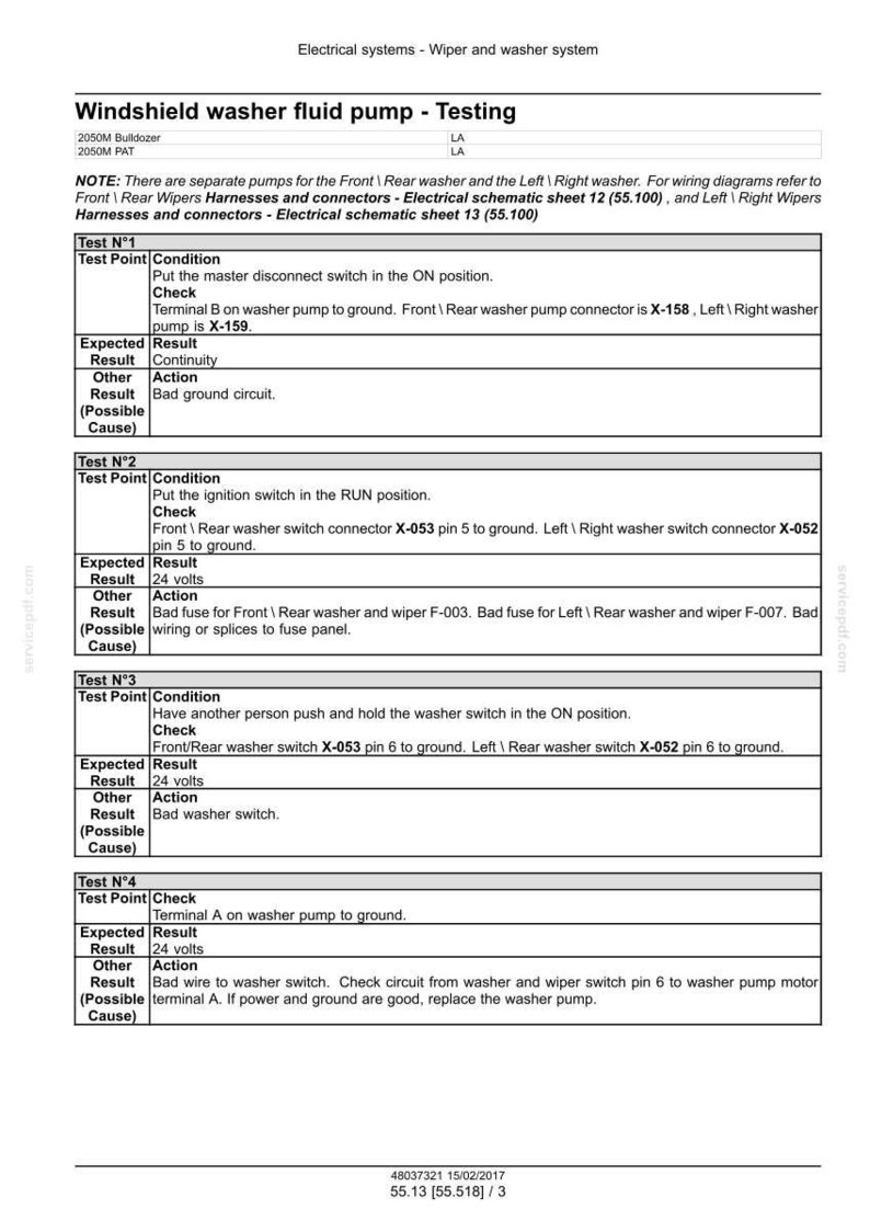 May include: A page from a service manual detailing the testing procedure for a windshield washer fluid pump. The document includes diagrams, test points, expected results, and possible causes for troubleshooting.
