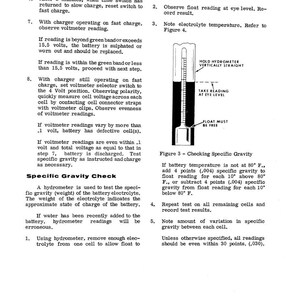 May include: A page from a manual with instructions for checking a battery's specific gravity. The text includes steps for using a hydrometer and interpreting readings. A diagram shows how to read the hydrometer. The page is numbered 9.