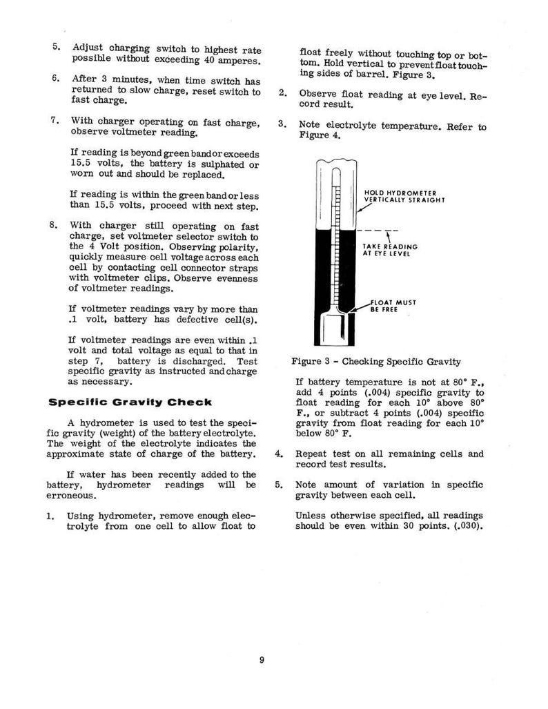 May include: A page from a manual with instructions for checking a battery's specific gravity. The text includes steps for using a hydrometer and interpreting readings. A diagram shows how to read the hydrometer. The page is numbered 9.