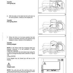 May include: Diagrams from a manual showing the operation of agricultural machinery. The illustrations depict the transfer of a bale, with the fork going up, down, and closing the tailgate. A display screen shows a warning symbol.