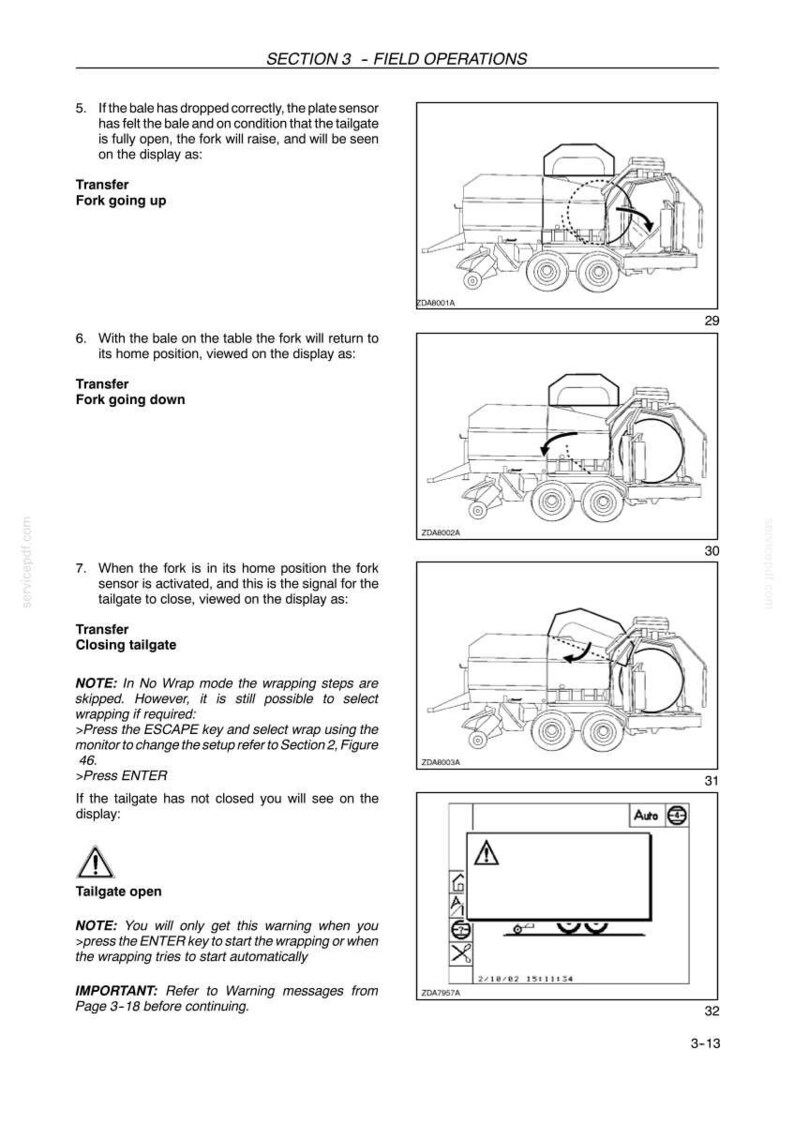 May include: Diagrams from a manual showing the operation of agricultural machinery. The illustrations depict the transfer of a bale, with the fork going up, down, and closing the tailgate. A display screen shows a warning symbol.