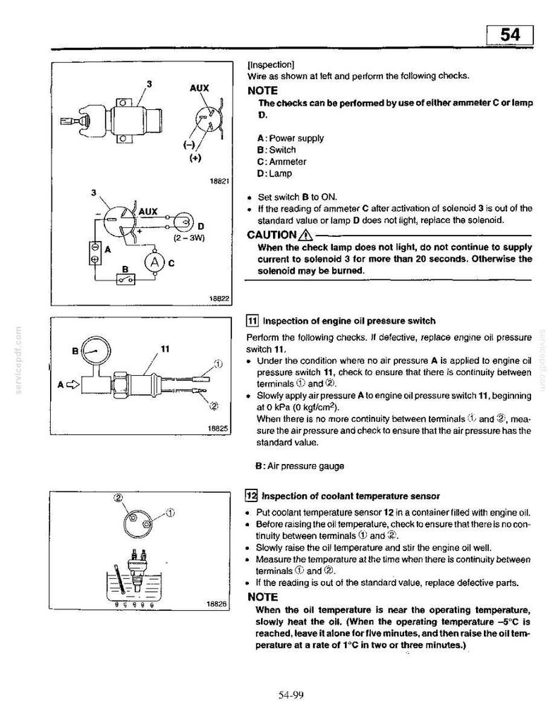 May include: Page 54 from a manual with diagrams and text. Includes wiring diagrams, a coolant temperature sensor, and instructions for checking engine oil pressure switch and other components. Text includes "Inspection" and "NOTE".