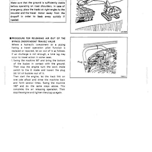 May include: A technical manual page titled SAFETY IN AN EMERGENCY and PROCEDURE FOR RELEASING AIR OUT OF THE BYPASS (INDEPENDENT TRAVEL) VALVE. It includes two black and white line drawings: one showing an excavator near a drop-off and another showing a hydraulic component with a labeled Plug (A).