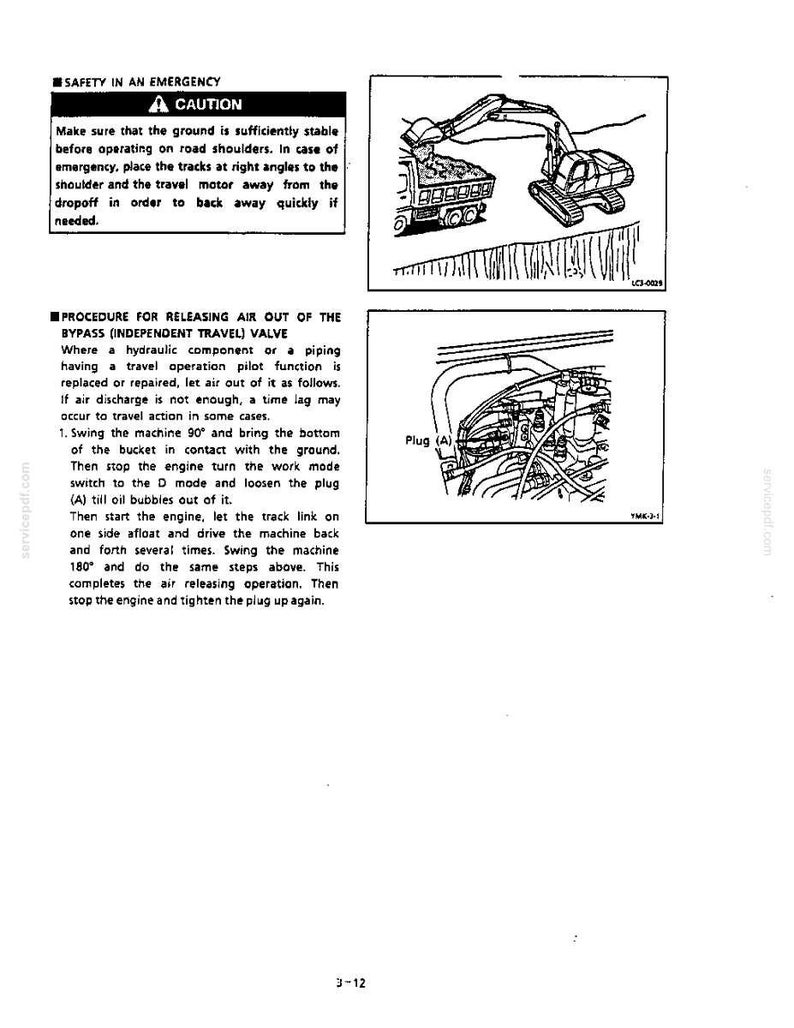May include: A technical manual page titled SAFETY IN AN EMERGENCY and PROCEDURE FOR RELEASING AIR OUT OF THE BYPASS (INDEPENDENT TRAVEL) VALVE. It includes two black and white line drawings: one showing an excavator near a drop-off and another showing a hydraulic component with a labeled Plug (A).