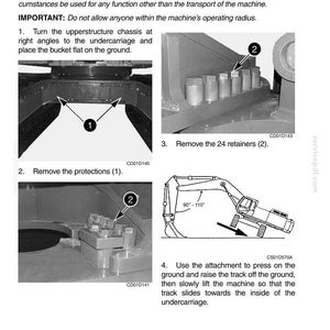 May include: Illustrated operating instructions for placing tracks in the transport position. The image shows diagrams with numbered steps, including removing retainers and protections, and using an attachment to lift the track.