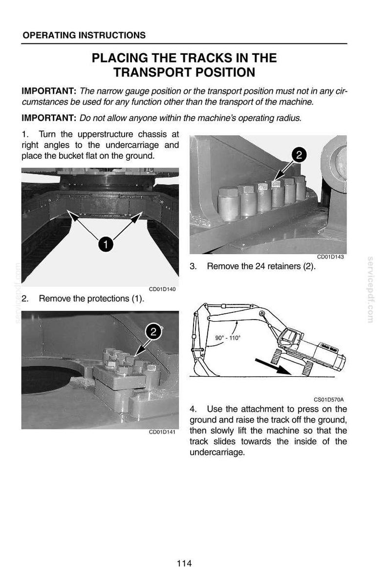 May include: Illustrated operating instructions for placing tracks in the transport position. The image shows diagrams with numbered steps, including removing retainers and protections, and using an attachment to lift the track.