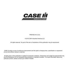 May include: A printed document featuring the "CASE IH AGRICULTURE" logo in black and gray. The document includes text about technical publications and tools, copyright information, and a disclaimer. The text is printed in the USA.