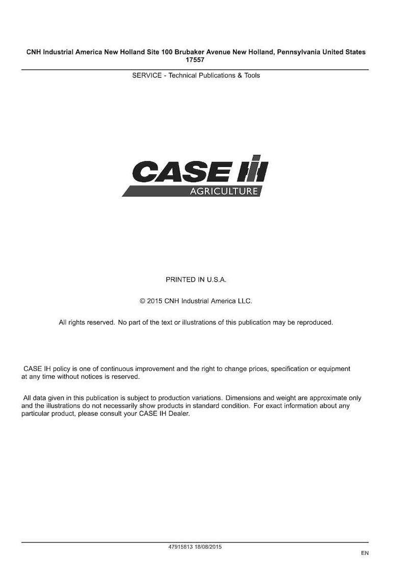 May include: A printed document featuring the "CASE IH AGRICULTURE" logo in black and gray. The document includes text about technical publications and tools, copyright information, and a disclaimer. The text is printed in the USA.
