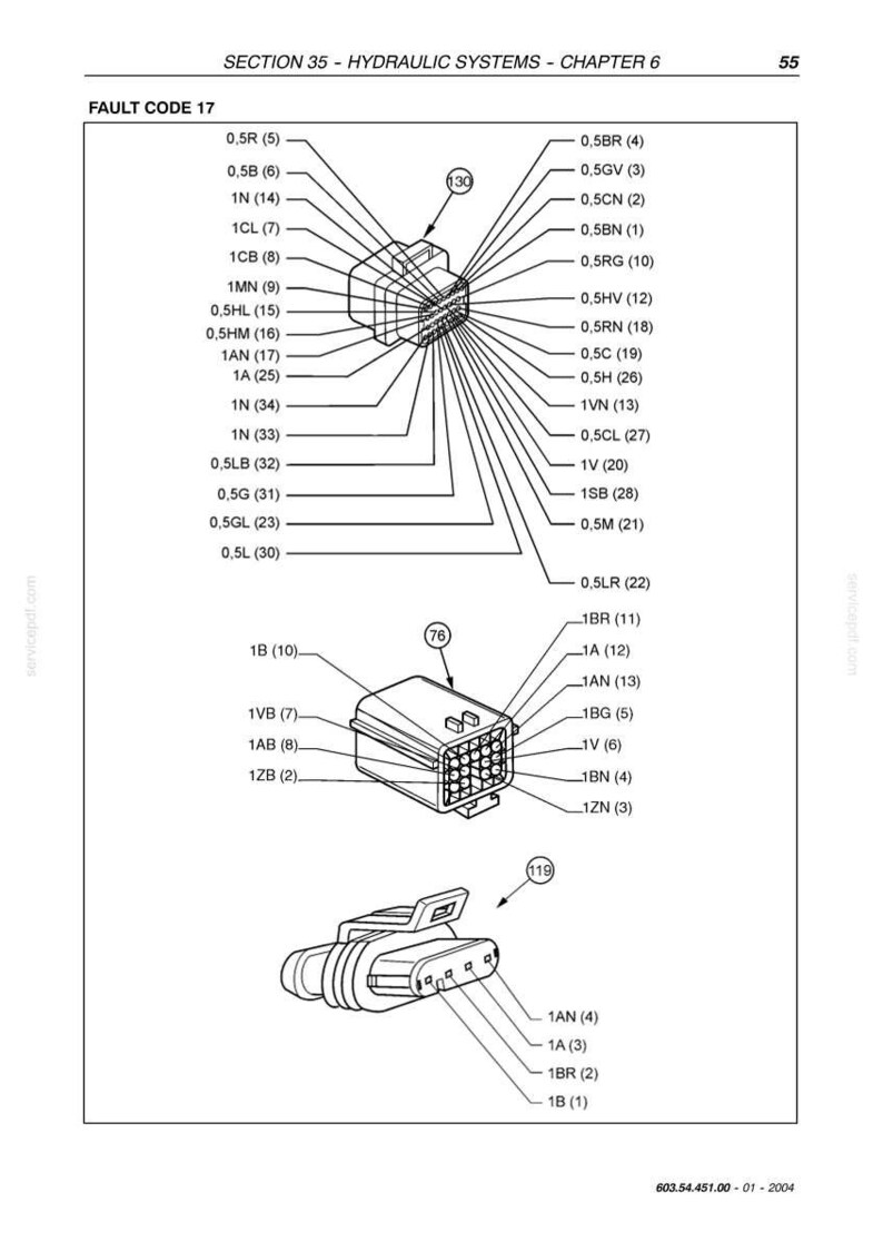 May include: Diagram of hydraulic system components with labels and fault code 17. Includes multiple connectors with pin designations such as 0.5R (5), 1N (14), and 1A (25). The diagram is from a technical manual.