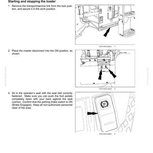 Pu&ograve; includere: Una pagina di manuale tecnico intitolata 4 - OPERATING INSTRUCTIONS, contenente tre disegni al tratto in bianco e nero. I diagrammi illustrano il collegamento di trasporto, l'interruttore di disconnessione principale e il freno di stazionamento con una P.