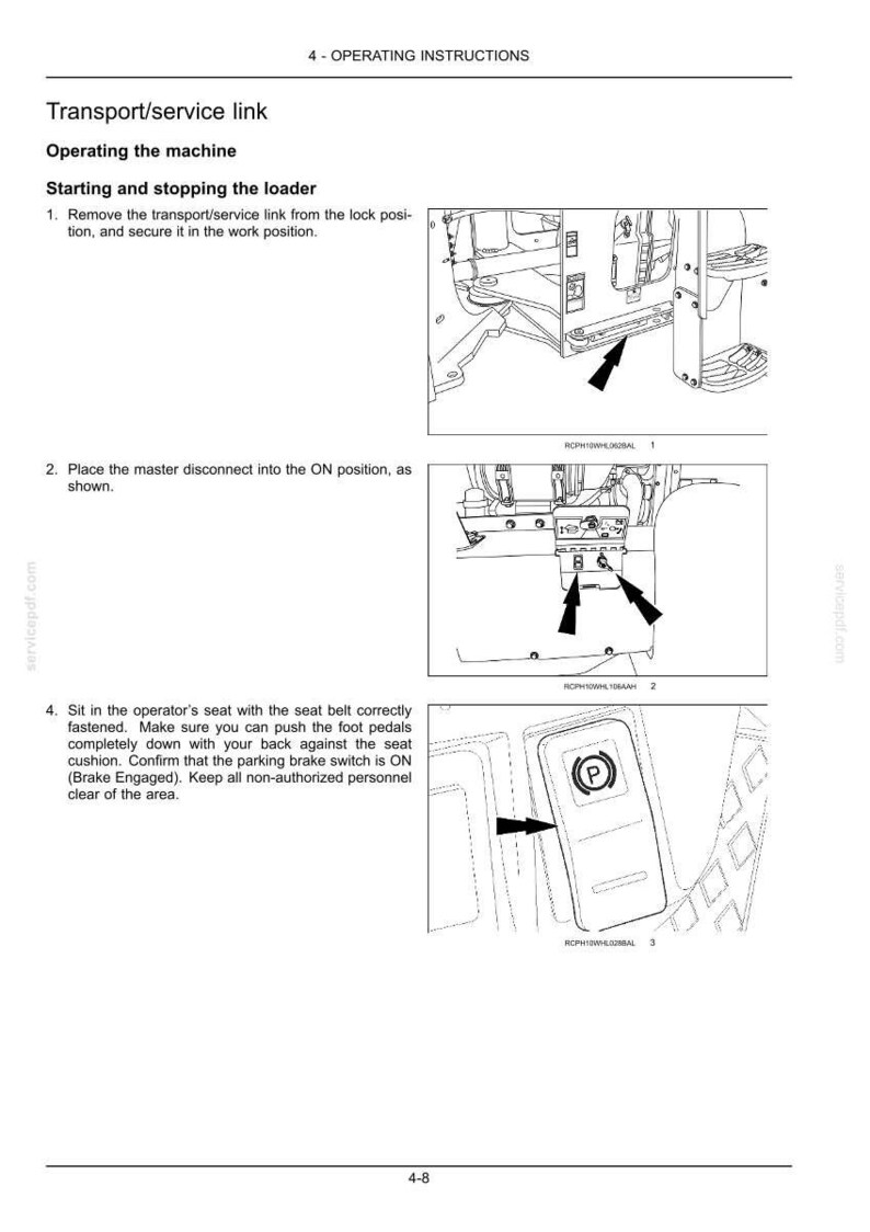 Pu&ograve; includere: Una pagina di manuale tecnico intitolata 4 - OPERATING INSTRUCTIONS, contenente tre disegni al tratto in bianco e nero. I diagrammi illustrano il collegamento di trasporto, l'interruttore di disconnessione principale e il freno di stazionamento con una P.