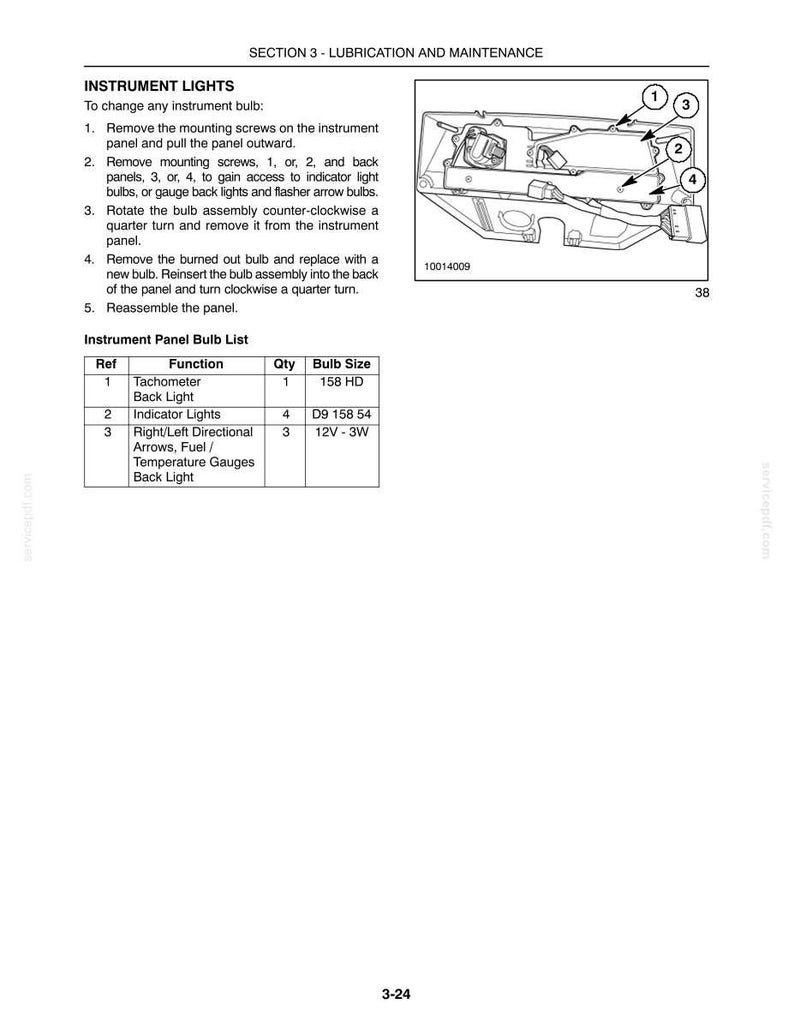May include: A technical manual page titled Section 3 - Lubrication and Maintenance, featuring instructions for changing instrument lights. It includes a diagram of an instrument panel with numbered components and a table listing bulb sizes and functions.