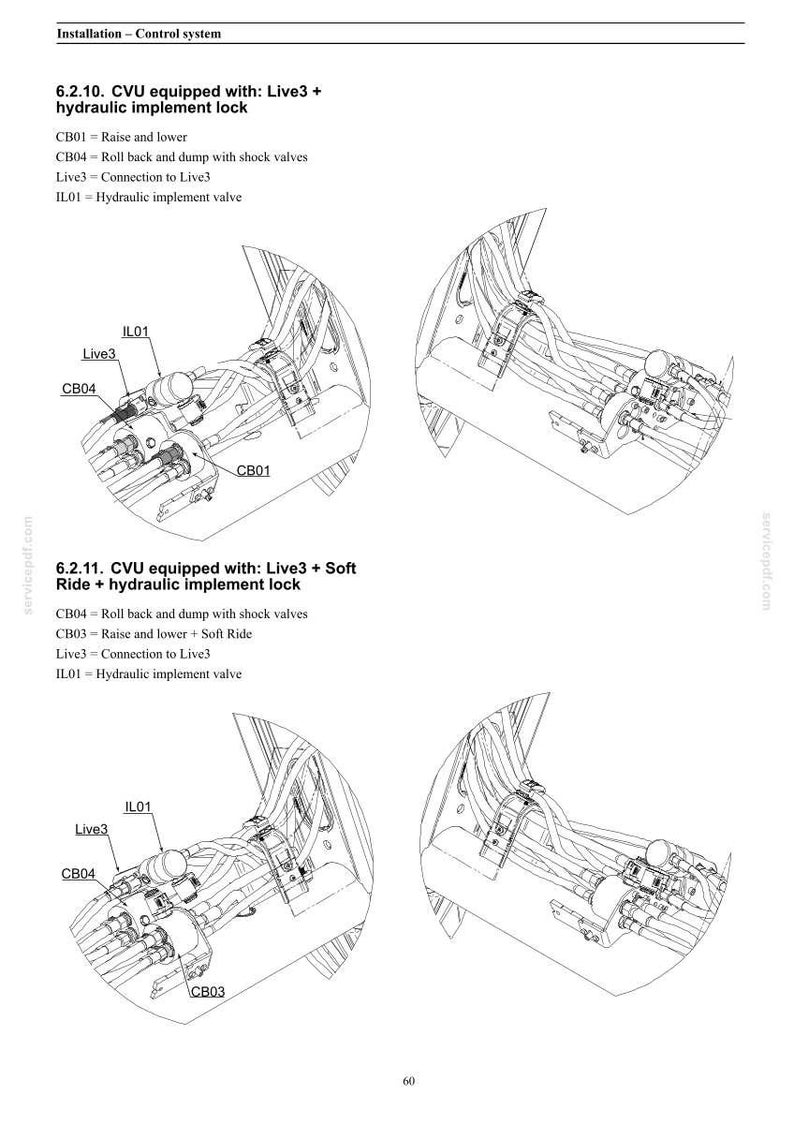 May include: Diagram of a control system installation, featuring detailed schematics of hydraulic implement locks. The image includes labels such as CB01, CB04, Live3, and IL01, with accompanying text describing their functions within the system.