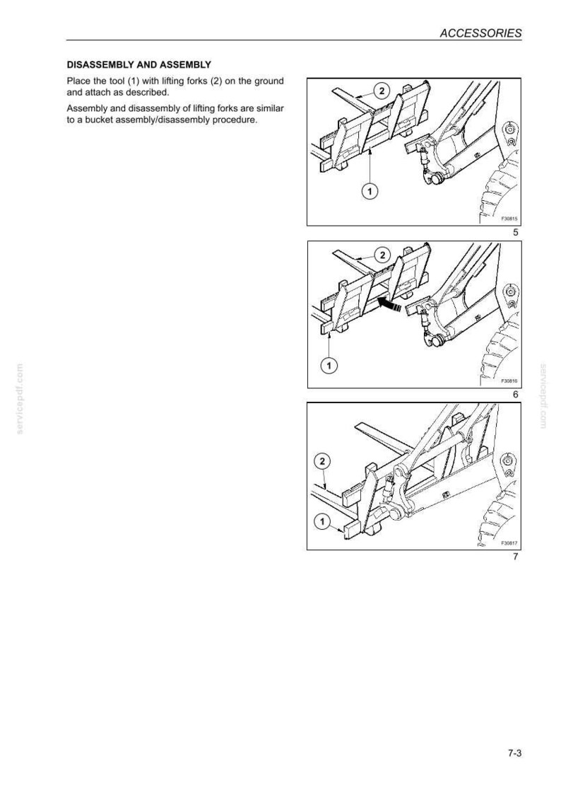 May include: Diagram illustrating the disassembly and assembly of lifting forks. The image shows the tool (1) and lifting forks (2) with numbered labels. The text reads "Accessories" and "Disassembly and Assembly".