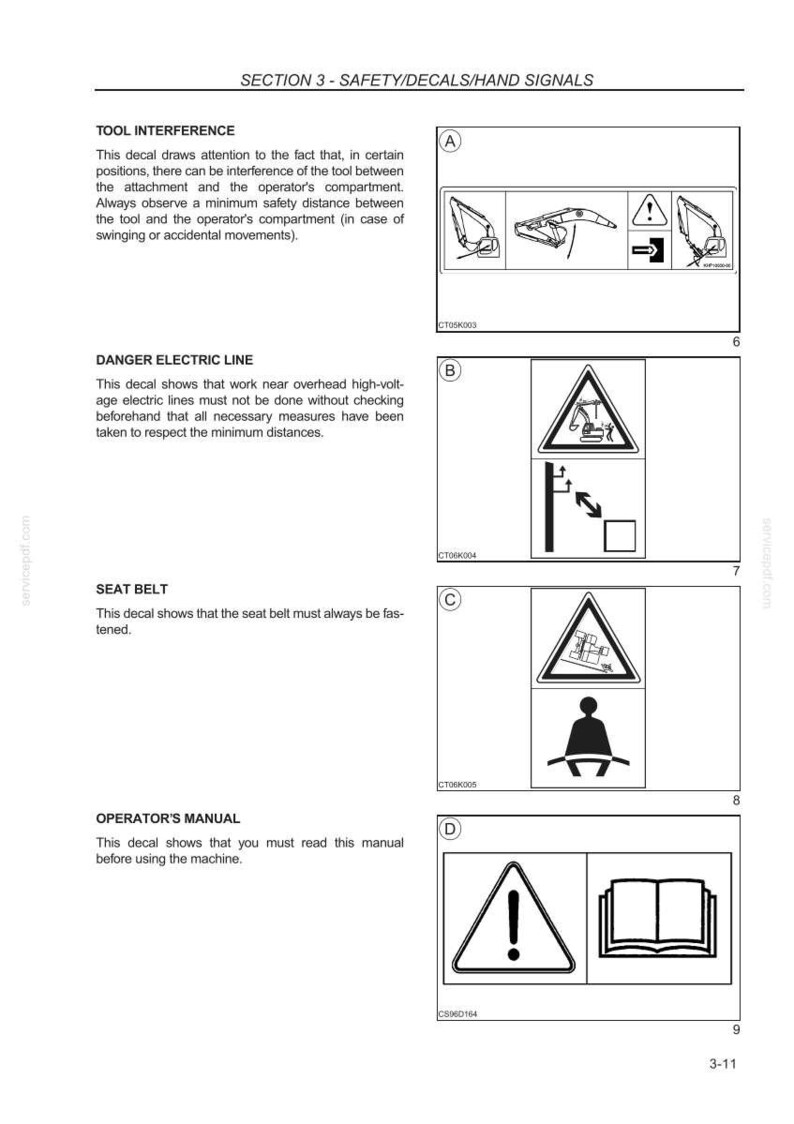 K&ouml;nnte beinhalten: Eine Seite mit Sicherheitsaufklebern und Handzeichen. Die Aufkleber warnen vor Werkzeugst&ouml;rungen, Gefahren durch Stromleitungen, der Verwendung von Sicherheitsgurten und der Notwendigkeit, die Betriebsanleitung zu lesen.