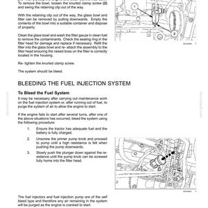 May include: A technical maintenance page titled Fuel System Pre-Filter and Water Trap and Bleeding the Fuel Injection System. It features two black and white line drawings of tractor engine components with numbered labels and instructional text.