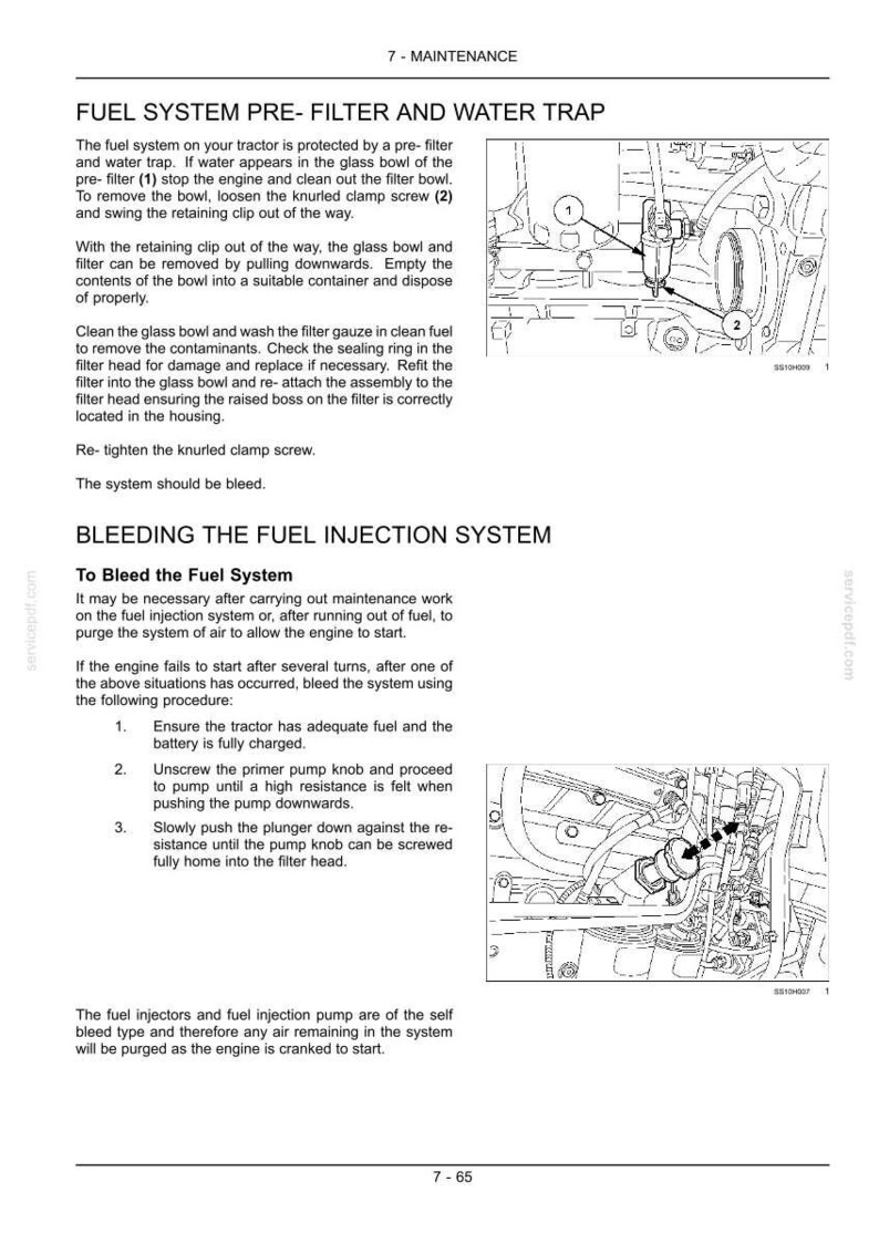 May include: A technical maintenance page titled Fuel System Pre-Filter and Water Trap and Bleeding the Fuel Injection System. It features two black and white line drawings of tractor engine components with numbered labels and instructional text.