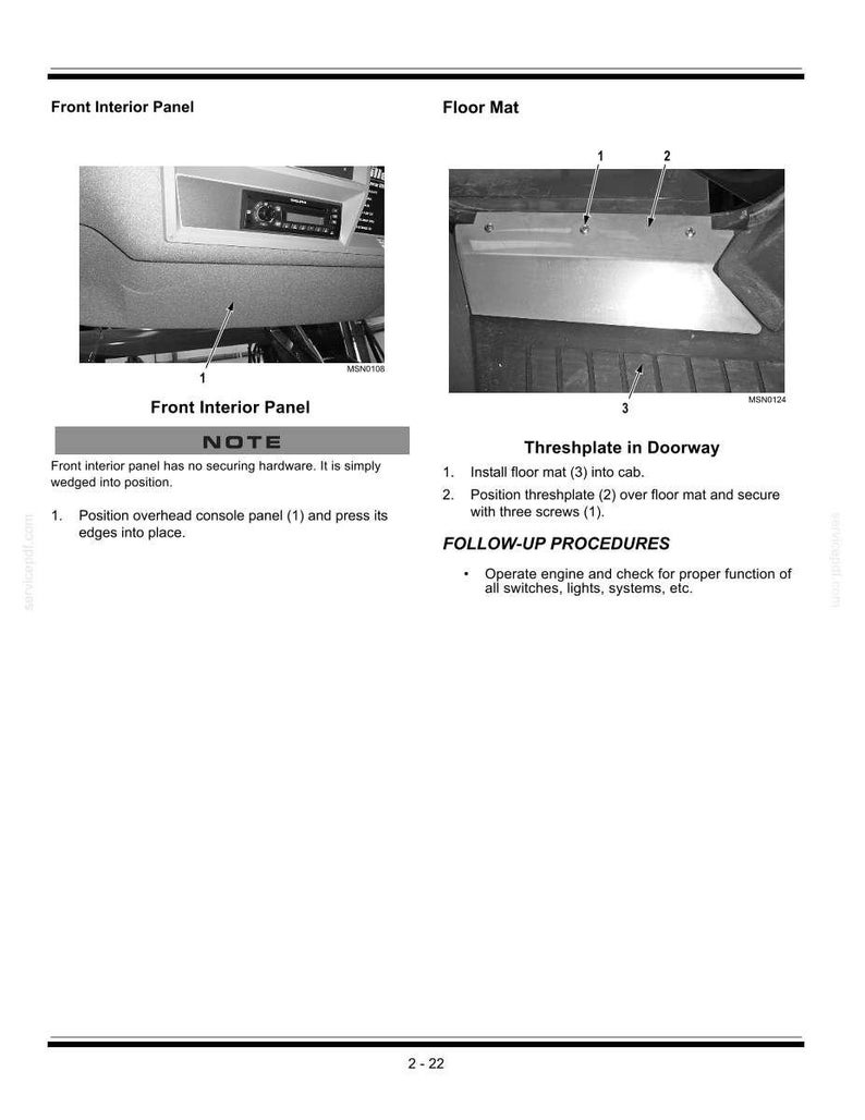 Puede incluir: Diagrama del panel interior delantero y la alfombrilla de un veh&iacute;culo, con instrucciones de instalaci&oacute;n. El texto detalla c&oacute;mo instalar la alfombrilla y la placa de umbral, incluida la fijaci&oacute;n con tornillos. Medidas en cm.