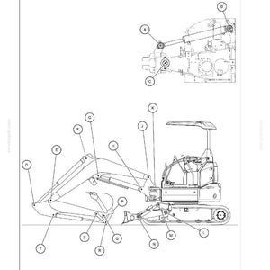 Puede incluir: Un dibujo t&eacute;cnico de l&iacute;neas de una excavadora de construcci&oacute;n con una hoja topadora, etiquetado 'Dozer blade - External view Attachments'. El diagrama incluye varios componentes marcados con las letras A a T, mostrando el ensamblaje.