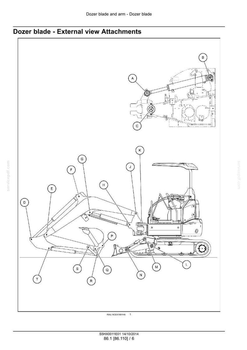 Puede incluir: Un dibujo t&eacute;cnico de l&iacute;neas de una excavadora de construcci&oacute;n con una hoja topadora, etiquetado 'Dozer blade - External view Attachments'. El diagrama incluye varios componentes marcados con las letras A a T, mostrando el ensamblaje.