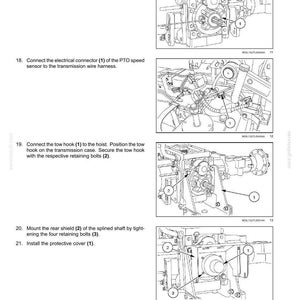 May include: Diagram of a two-speed rear Power Take-Off (PTO) system, with numbered components and instructions. Includes illustrations of PTO cover installation, electrical connector connection, tow hook attachment, rear shield mounting, and protective cover installation.