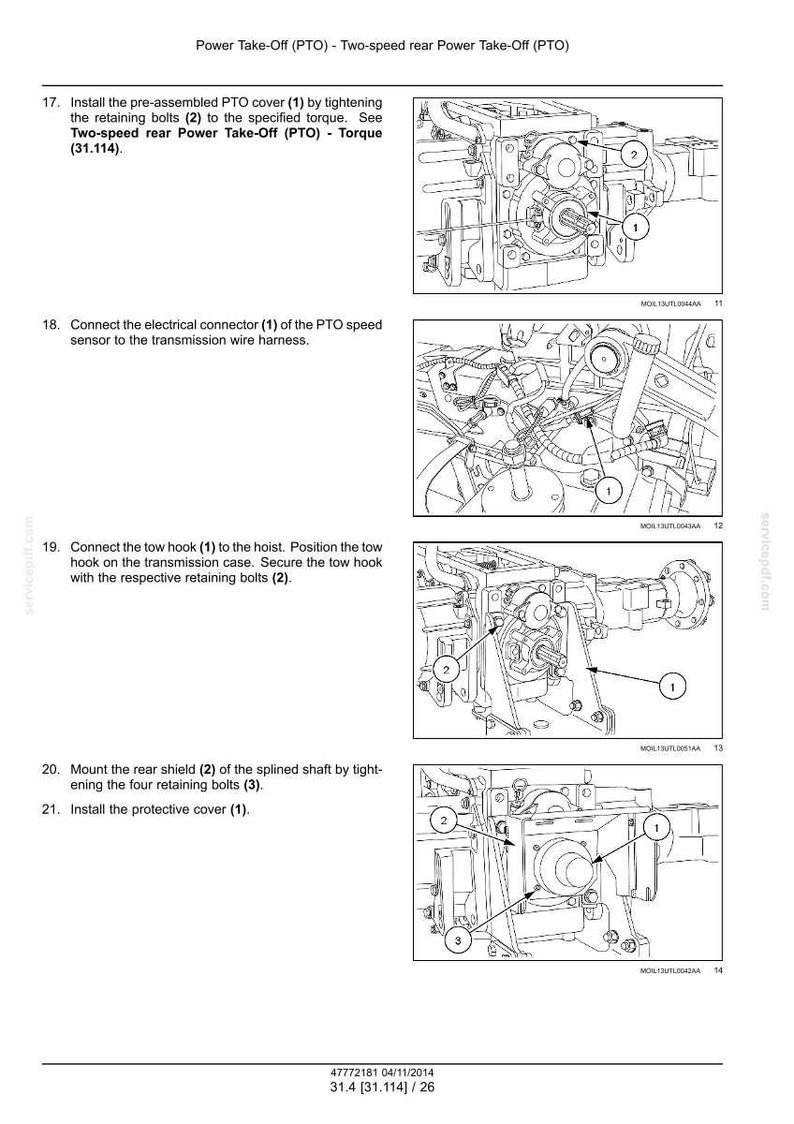 May include: Diagram of a two-speed rear Power Take-Off (PTO) system, with numbered components and instructions. Includes illustrations of PTO cover installation, electrical connector connection, tow hook attachment, rear shield mounting, and protective cover installation.