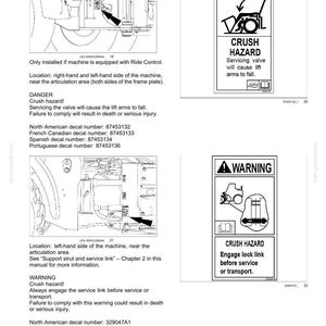 Puede incluir: Una p&aacute;gina de informaci&oacute;n de seguridad t&eacute;cnica con dos diagramas de &aacute;reas de articulaci&oacute;n de maquinaria. La secci&oacute;n superior muestra una calcoman&iacute;a de PELIGRO con advertencia de riesgo de aplastamiento y la inferior una de ADVERTENCIA.