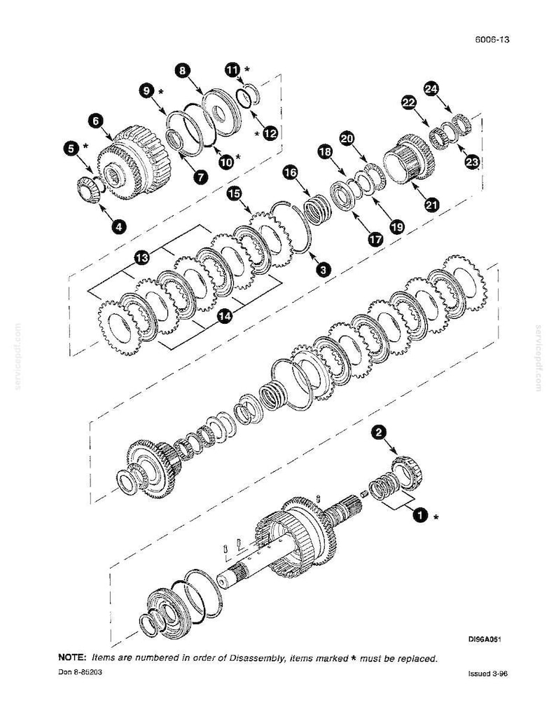 May include: An exploded diagram of mechanical components, including gears, rings, and shafts, with numbered labels. The image is a technical illustration, likely for repair or assembly instructions. The text at the bottom reads: "NOTE: Items are numbered in order of Disassembly, items marked * must be replaced."