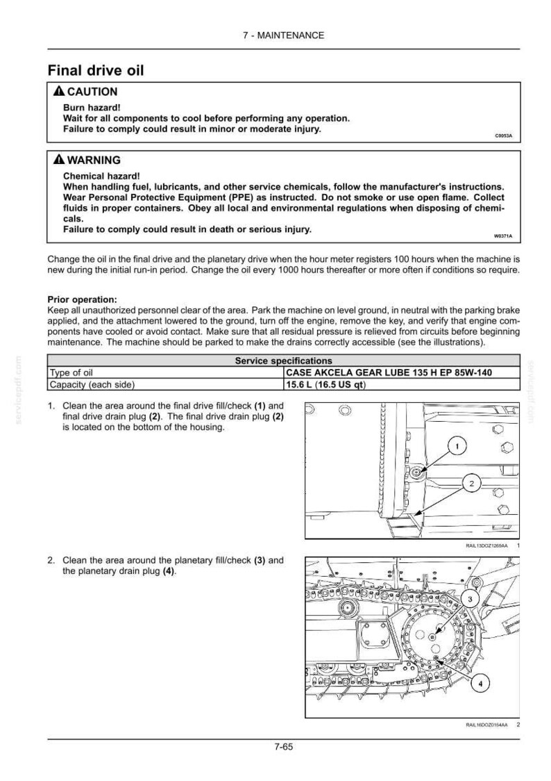 May include: A maintenance manual page with safety warnings and instructions for changing final drive oil. Includes diagrams showing fill/check and drain plug locations. The text details the type of oil and capacity.