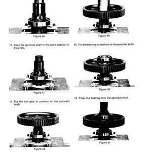 May include: Diagram of mechanical components, including gears, shafts, and bearings, arranged in various stages of assembly. The image is a technical illustration with labels and figure numbers for each step of the process.