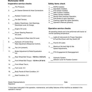Pu&ograve; includere: Un documento in bianco e nero intitolato Predelivery report - Dealer copy per trattori Workmaster 45/55. Elenca controlli di servizio e di sicurezza, con spazi vuoti per firme e date nella parte inferiore del foglio stampato.