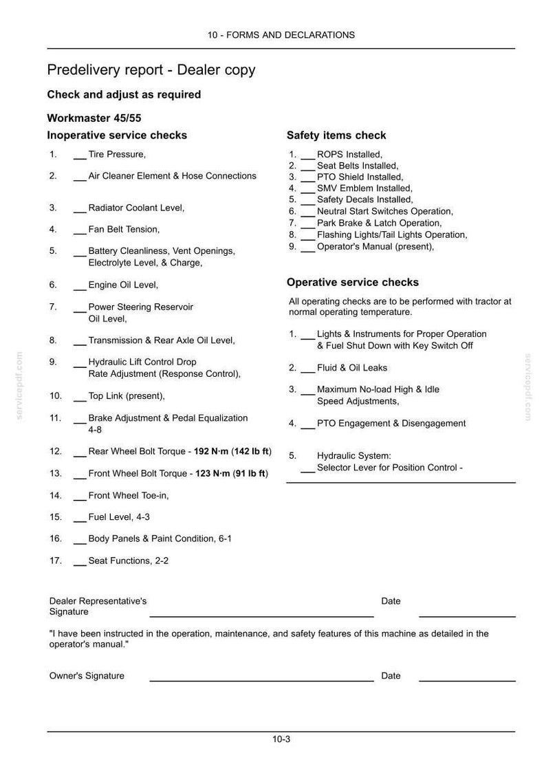 Pu&ograve; includere: Un documento in bianco e nero intitolato Predelivery report - Dealer copy per trattori Workmaster 45/55. Elenca controlli di servizio e di sicurezza, con spazi vuoti per firme e date nella parte inferiore del foglio stampato.