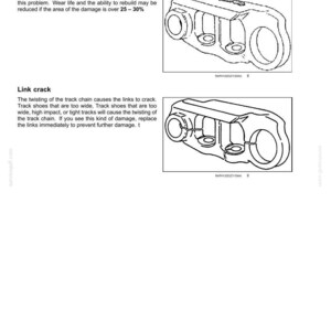 May include: Technical diagram of a track suspension component, featuring a detailed illustration of a link rail. The diagram includes text describing link rail spalling and link crack issues, with associated text.